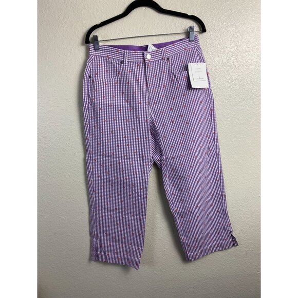 Liz Claiborne Women Cropped Pants Purple Gingham Plaid Floral Embroidered Size 8 - Picture 1 of 15